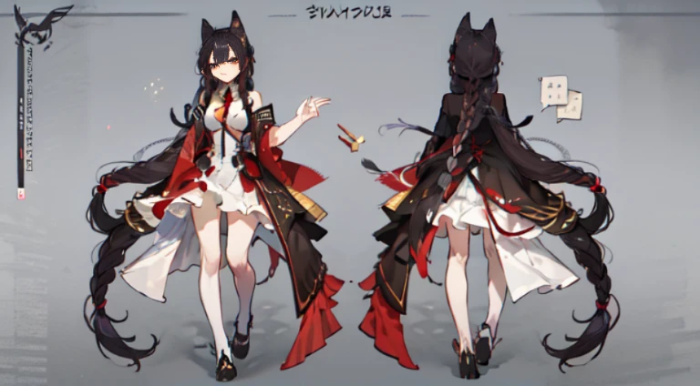 Fox, red, (Masterpiece), Best quality, Expressive eyes, perfect face, (Character Sheet:1), (body with multiple viewports, long hair, Braided hair