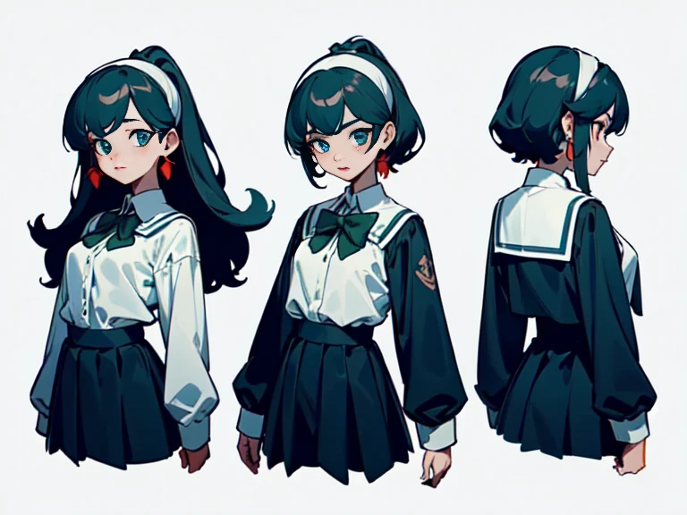 Masterpiece: 1.6, Best quality: 1.4, Live Image: 1.2, complex parts: 1.2, charternerv2: 1.2, 1lady complete change in body character,
appearance: IFOM: 1.25, thin: 1.3, Blue eyes, medium breast, keen eyes,
Clothing: black school uniform, white blouse and green bow,
accessories: white headband, earrings rings,
hair: Длинные серебристые hair, полувьющиеся hair,
draw up: Natural, shiny skin, Red lips,
(single background, White background: 1.3), Multiple views, Multiple views of the same character in the same outfit: 1.3.