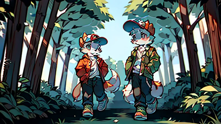 forest,puppy,taking a walk,masterpiece,high quality,Wear a hat