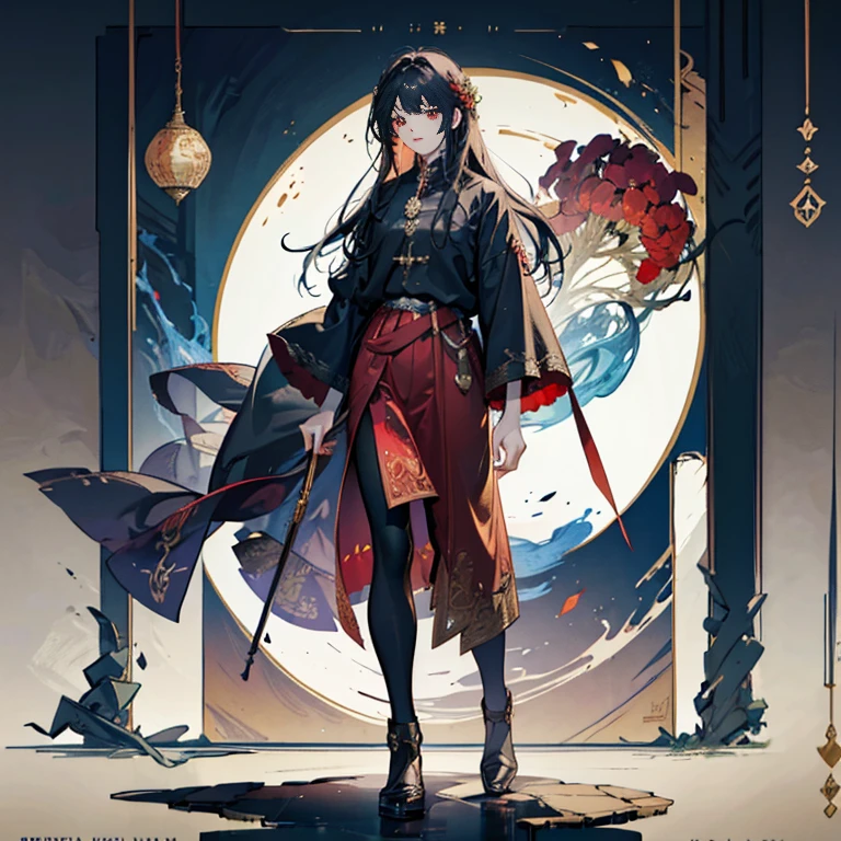 1 boy, One, long hair, Red eyes, shirt, Wellingtons, Lightweight clothing, medieval theme, I look at the viewer, fantasy art, Beautiful picture, Guwaik style, epic exquisite character art, Awesome characters, man, Cant (reference sheet:1.5)