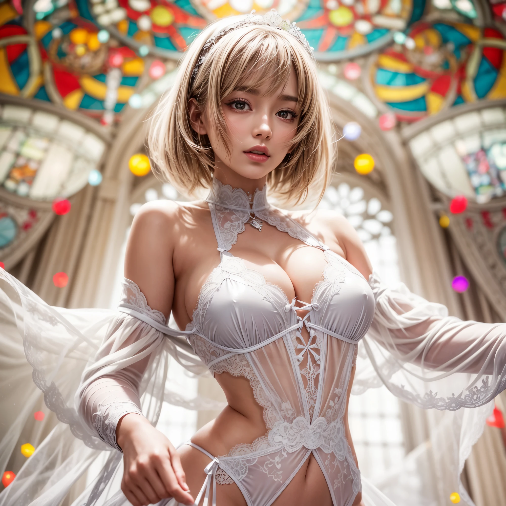 Sexy girl in ((WHITE)) and Delicate lace underwear, with Glossy RED lips, (Exposed:1.2), (nipple:-0.9), { closeup of Cute lips | Dynamic-angle }, ((Dazzling stained glass Background)), (( colorful Light shines through stunning elaborate stained glass:1.2)), vivid Red colors . ((Acutance:0.8, physically-based rendering)), (masterpiece:1.2), (ultra-detailed:1.35), (realistic, photorealistic, ((photo-realistic:1.37))with touch of rawness) . ((Renbutsu Misako)), (Extremely detailed KAWAII face variations, with Dynamic expressions), detailed eyes with sparkling highlights, captivating gaze, long eyelashes, subtle blush on the face, rosy cheeks, impeccable oiled ivory skin texture . { full of flowers covering girl's body | Mystic sight | haze | Light Particle | Lens Particle | Lens Flare | Dazzling angle's Halo | (Red leather) high collar | Overflowing sideboob } . ((( not Detailed fingers:-0.9))) .
