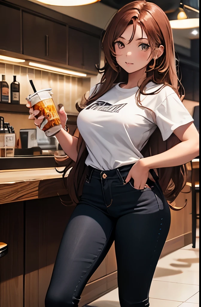 1girl, cowboy shot, very long wavy hair, sidelocks, auburn hair, hazel eyes, tan skin, makeup, petite, large breasts, black demin jacket, white t-shirt, high waist black skinny jeans, shirt tucked into jeans, ankle boots, background diner, drinking milkshake