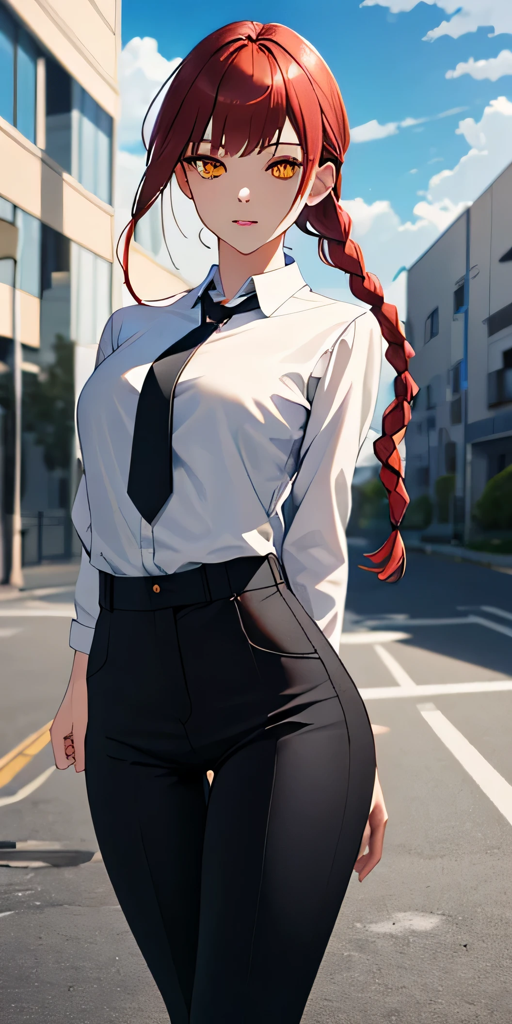 masterpiece, (photorealistic:1.4), best quality, beautiful lighting, makima \(chainsaw man\), (red hair)+(long braided hair)+(bangs), yellow eyes, golden eyes, (ringed eyes), (white shirt), (necktie),
RAW photo, 8k uhd, film grain,(extremely detailed CG unity 8k wallpaper),(masterpiece),(best quality),(ultra-detailed),(best illustration),(best shadow),(absurdres), Makima, 1girl, necktie, solo, shirt, ringed eyes, black necktie, braid, pants, cloud, collared shirt, braided ponytail, shirt tucked in, red hair, white shirt, arms behind back, sky, outdoors, medium breasts, bangs, breasts, black pants,formal, yellow eyes, cloudy sky, medium hair, long sleeves, suit, office lady, high-waist pants, long hair, orange eyes, looking at me,round breast,hyper detail,