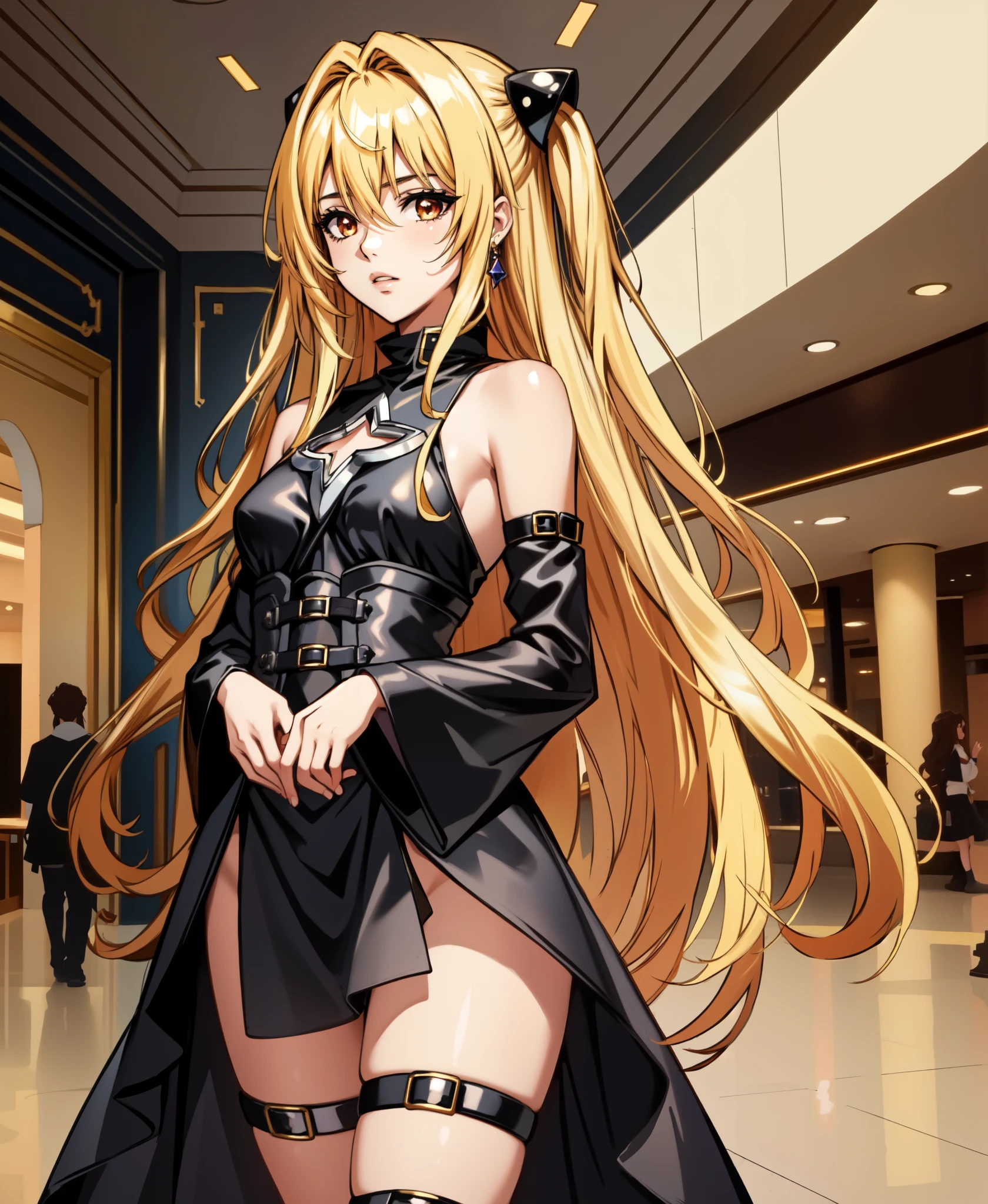 (masterpiece, best quality),  intricate details,
1girl,   golden_darkness, long hair, very long hair, two side up, hair ornament, medium breasts, hair intakes, hair between eyes, golden_darkness, long hair, very long hair, two side up, looking at viewer, thigh strap, hair ornament, detached sleeves, hair intakes, bare shoulders, medium breasts, hair between eyes, dress, 
small breasts,  indoors, mall, shoping mall