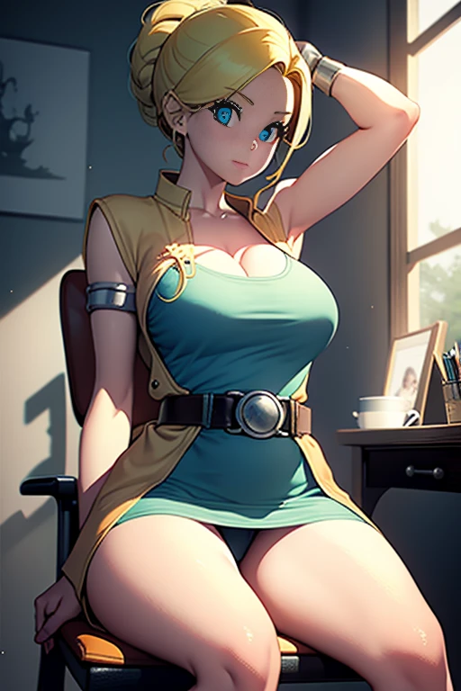 Bianca \(dragon quest\), bianca, dragon quest, (masterpiece, best quality, 4k, photorealistic, cinematic, ultra-detailed), wide shot, full body, perfect anatomy, curvaceous body, perfect eyes, perfect hands, large chest, long round legs, 1 girl, blonde hair, sitting in an office chair, Light blue collared shirt dress,
camel thin belt, taupe pointed-toe heels, twisted updo, statement ring