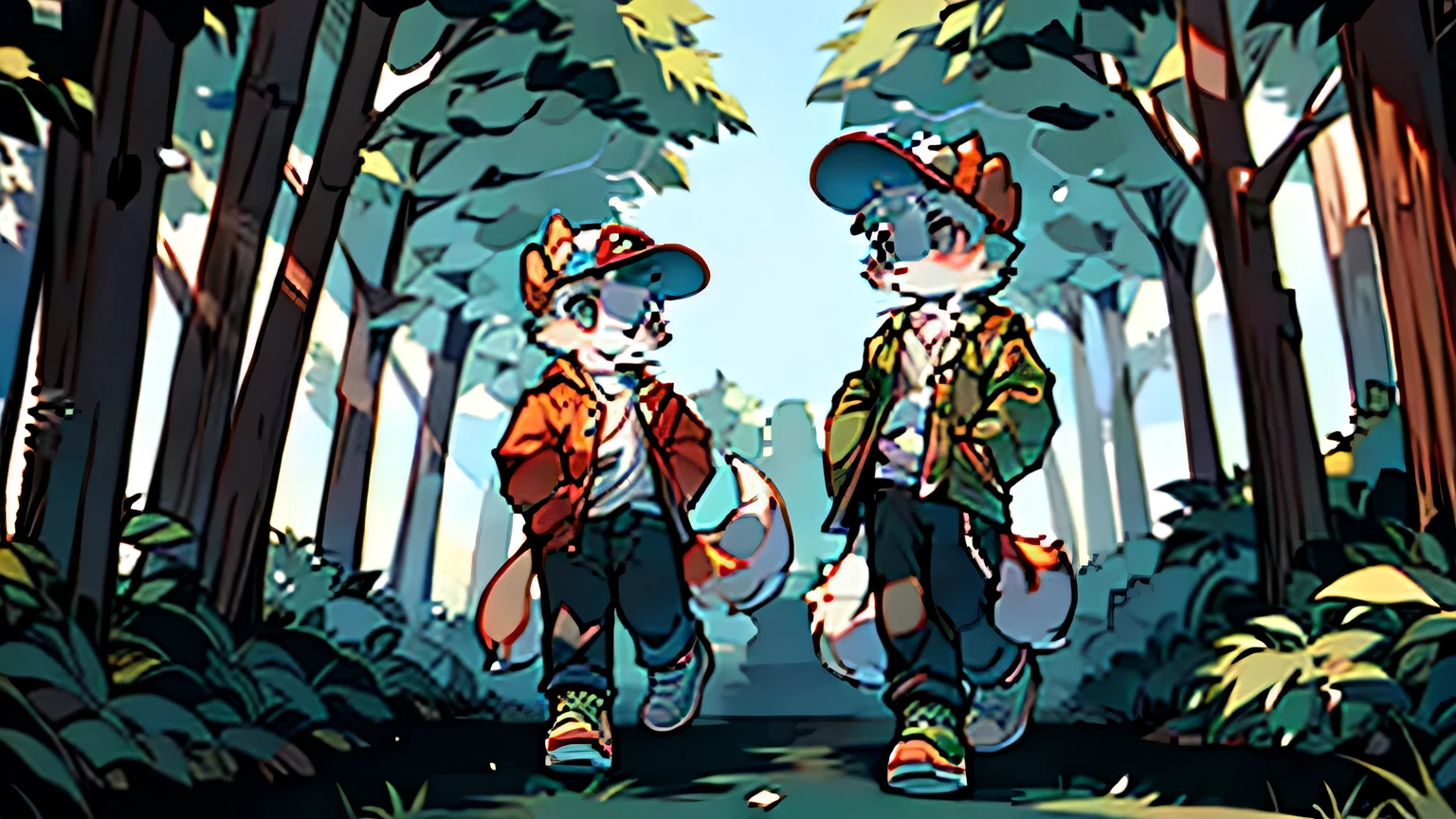 forest,puppy,taking a walk,masterpiece,high quality,Wear a hat