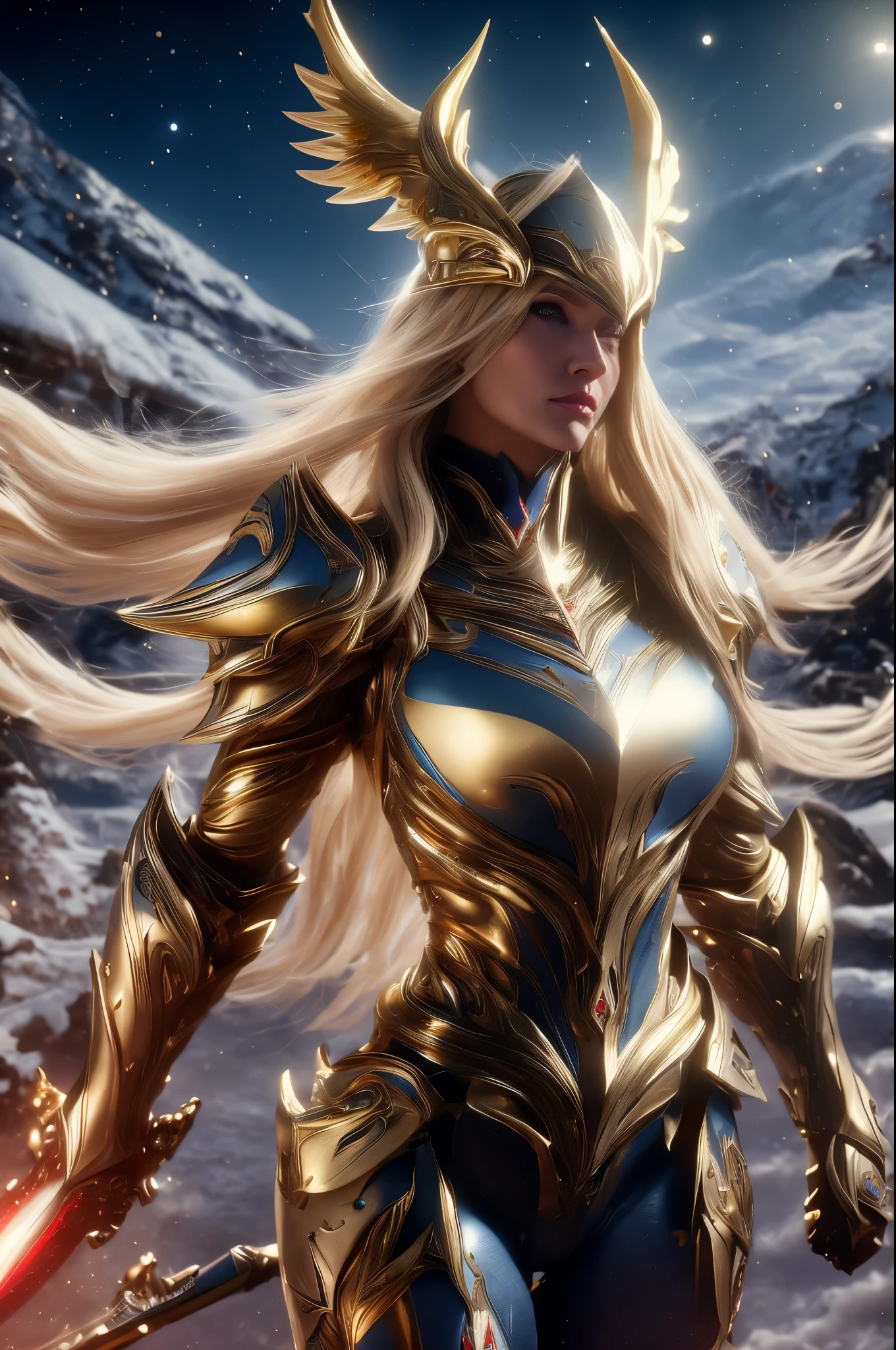 BOMBSHELL BLONDE WOMAN, WARRIOR FEMALE, PELE SKIN BLUE EYES, HIGH CHEEKBONES, ROSY CHEEKS, MENTAL FORAMEN, HUGE LONG HAIR, DOUBLE BRAID HAIR, LEOTARD ARMOUR, LONG SLEEVES, GOLD ARMOUR, BLUE UNDER BODYSUIT, NECK BODYSUIT, GOLD GAUNTLETS, ATHLETIC BODY, TIGHS EXPOSED, QUADRICEPS, MUSCLES, EXPOSED BUTTOCKS, SIDE BODY VIEW, NORTHERN LIGHTS, NORTH POLE, SNOW, NIGHT SKY, ACCURATE IMAGE, MASTERPIECE.