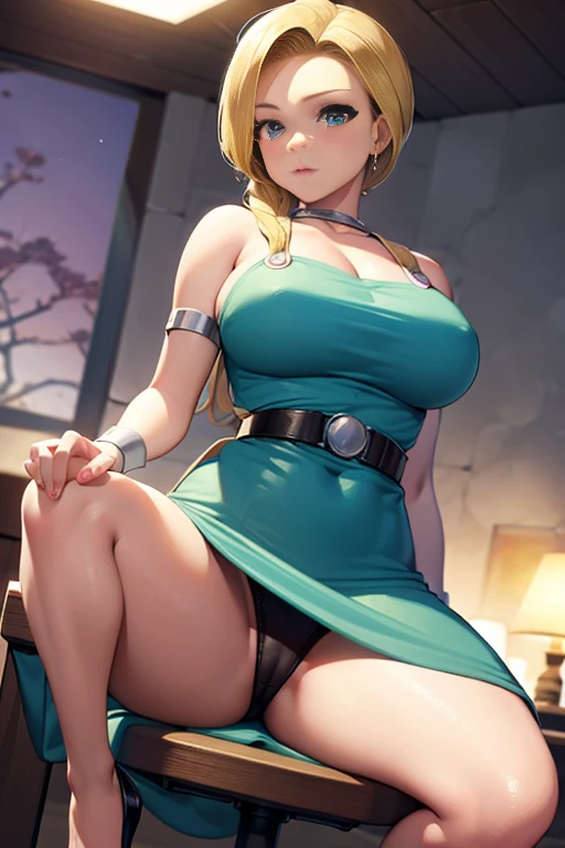 Bianca \(dragon quest\), bianca, dragon quest, (masterpiece, best quality, 4k, photorealistic, cinematic, ultra-detailed), wide shot, full body, perfect anatomy, curvaceous body, perfect eyes, perfect hands, large chest, long round legs, 1 girl, blonde hair, sitting in an office chair, Light blue collared shirt dress,
camel thin belt, taupe pointed-toe heels, twisted updo, statement ring
