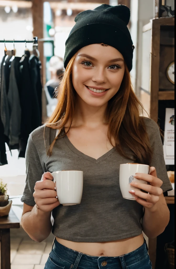 Woman, ginger, european, looks straight to camera, wearing stomach free shirt, black jeans, beanie in her head, smiling, hilding a cup of hot tea. Sittung in a shop. (Perfect result),(high quality),(Highlights) (natural light),(perfect skin)