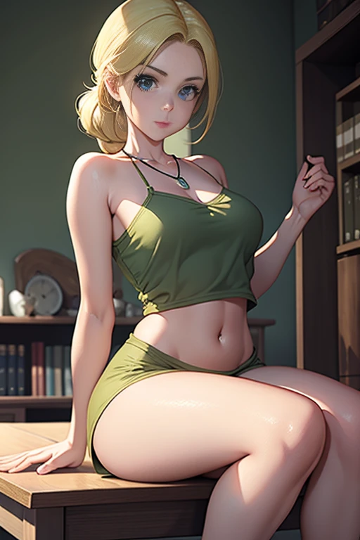 Bianca \(dragon quest\), bianca, dragon quest, (masterpiece, best quality, 4k, photorealistic, cinematic, ultra-detailed), wide shot, full body, perfect anatomy, curvaceous body, perfect eyes, perfect hands, large chest, long round legs, 1 girl, blonde hair, sitting in an office chair, ivory silk camisole top, olive green cropped trousers, tan strappy heels, effortless half-up half-down hairstyle, delicate layered necklace
