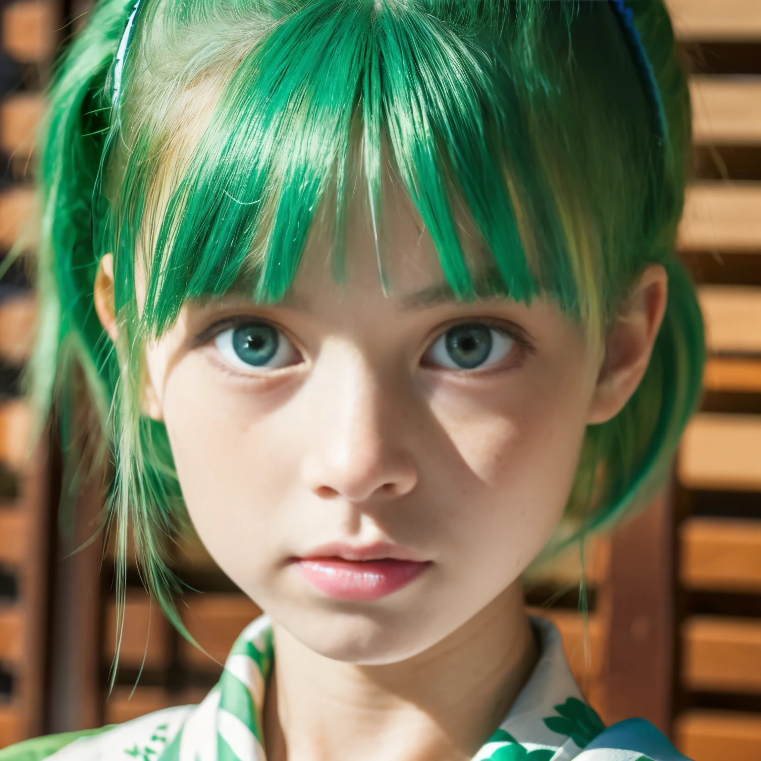 green hair，small face，blue eyes，freckles，kimono