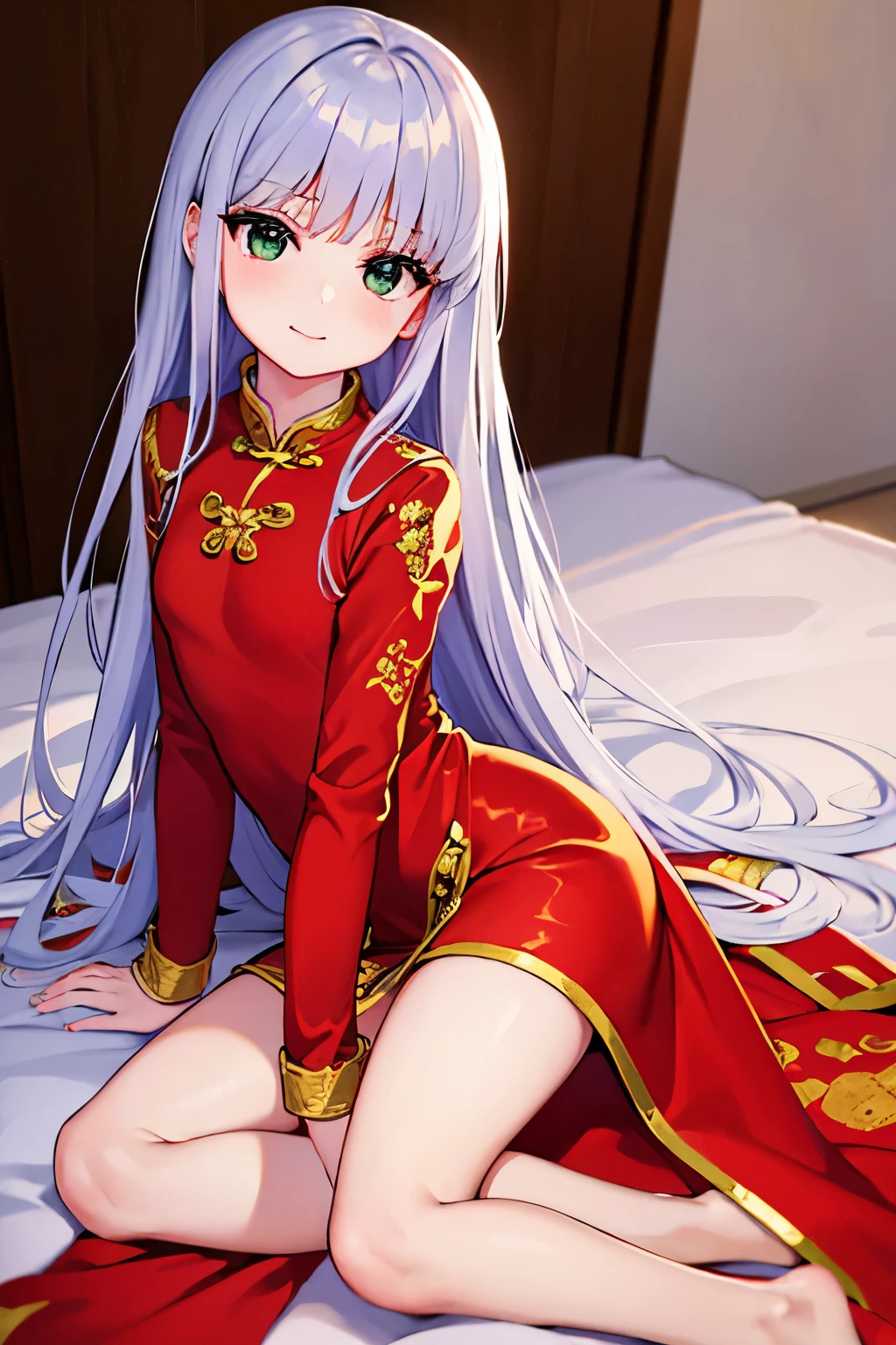 Cabello largo plateado, ojos verdes, petite, qipao, chinese dress, red clothes, ojos seductores, sonrisa, muslos hermosos, white underwear, inside house