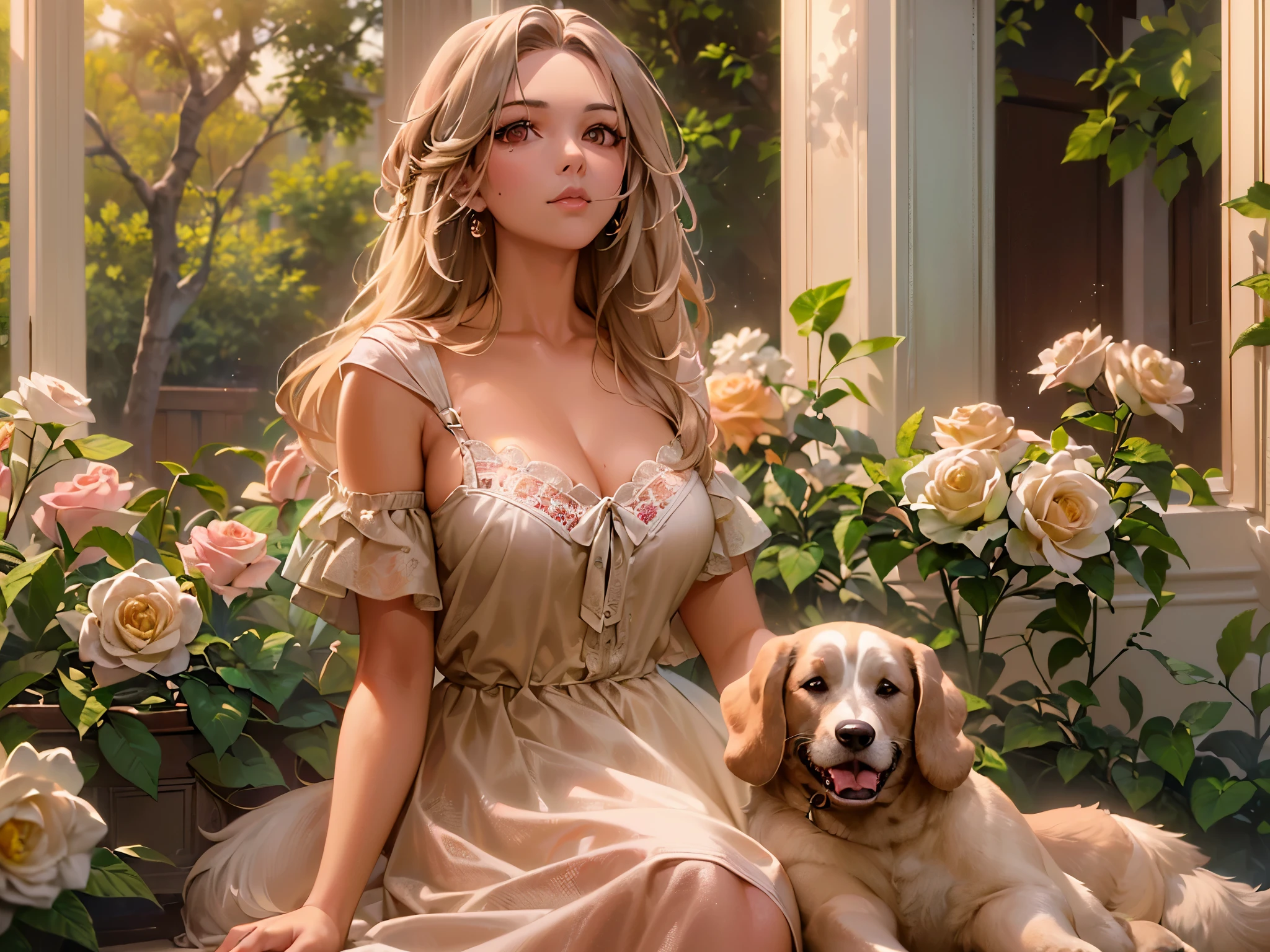((top quality)),(ultra high resolution),(Super detailed),(detailed description),((best CG)),(finest works of art),super precision art,amazing art of depiction,(Art with precise depiction in every detail:1.5), (1 woman:1.5),dress:1.6, (dog:1.6),snuggle up to her:1.8, rose garden:1.7