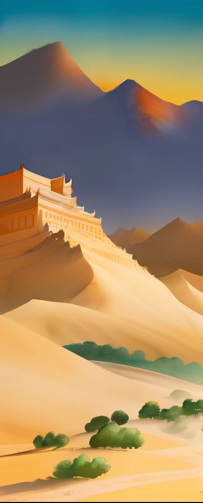 (masterpiece,high quality,Highest quality),Chinese classical culture and art,watercolor smudge,Dunhuang style,Xizhou,desert landscape art,