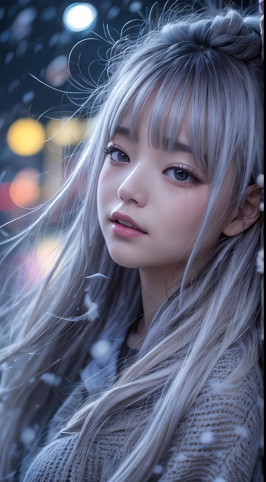 stand in front of the night city, japanese woman, (oversized knitted sweater:1.3), snowing, pupils sparkling, silver long hair, depth of field, f/1.8, anatomically correct, textured skin, super detail, high details, high quality, super detail, high details, high quality, best quality, highres