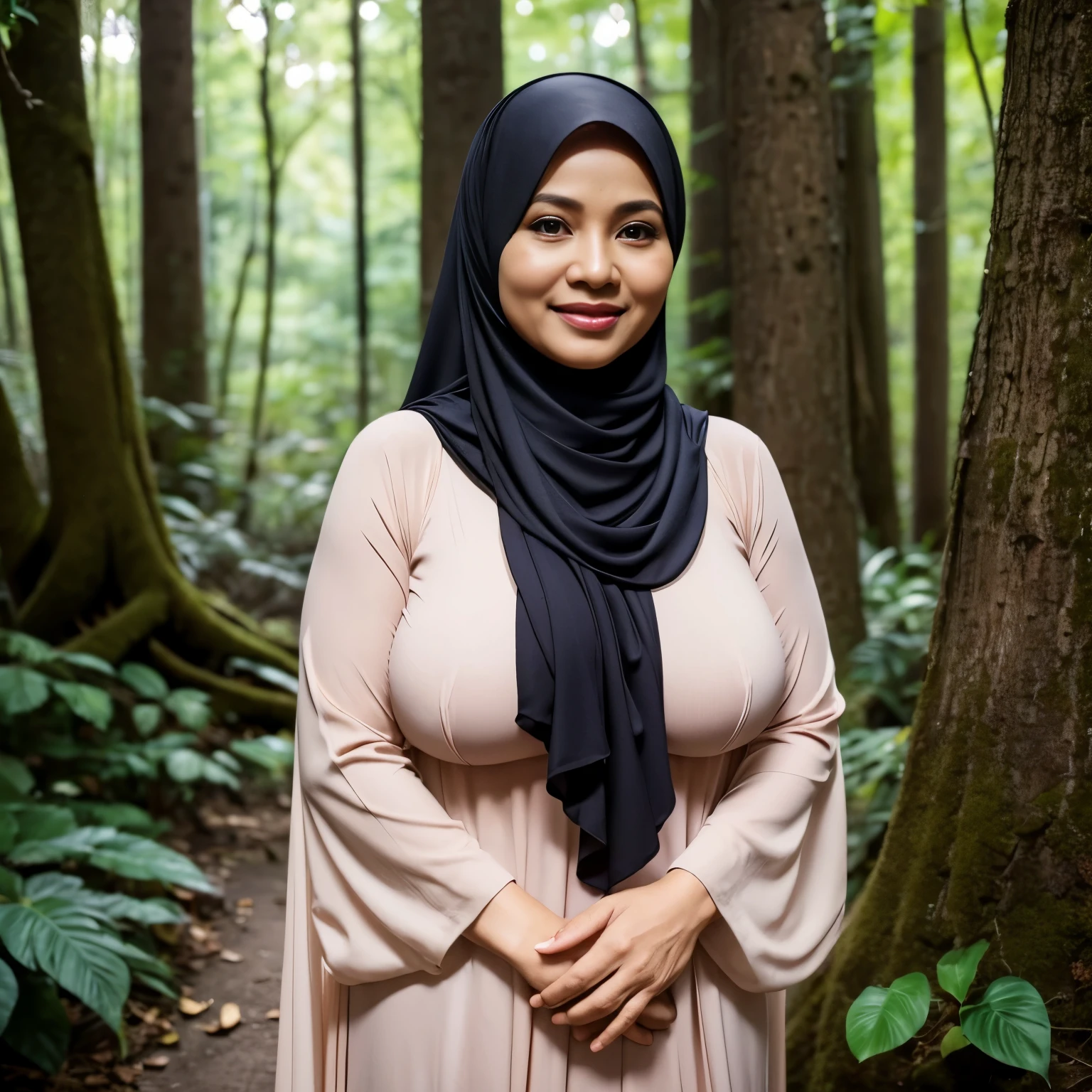 56 years old, Malaysian Hijab mature woman, Gamis, Massive Gigantic natural breast : 198.6, Droopiest Breast, PP Cup breast, Full body, seductive Face, Seductive Smile, at forest