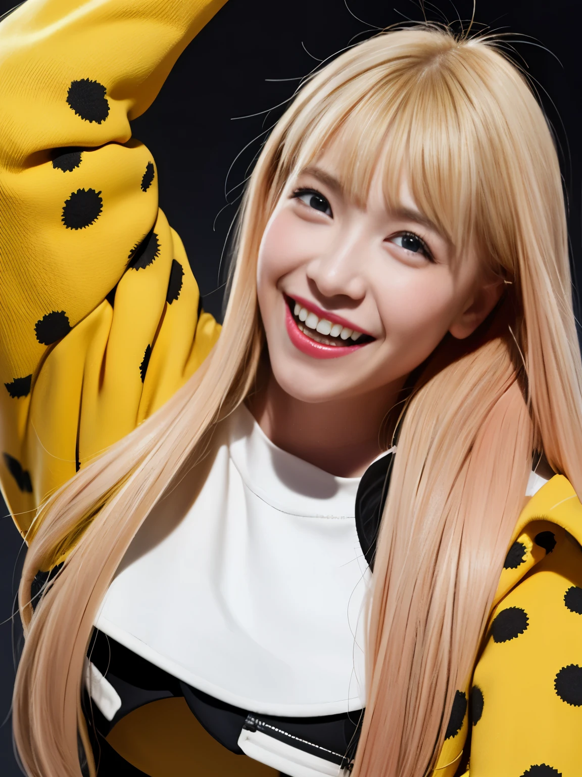 original character , 1 girl, (crazy smile:1.2) ,  blonde hair , bangs , crazy eyes , put your hand on your face , Yellow blood splatters on the face , yellow and black color scheme, open your mouth, (I opened my eyes:1.2), shining eyes, left star shaped eyes, star shaped eyes,  pink eyes, pink eyes