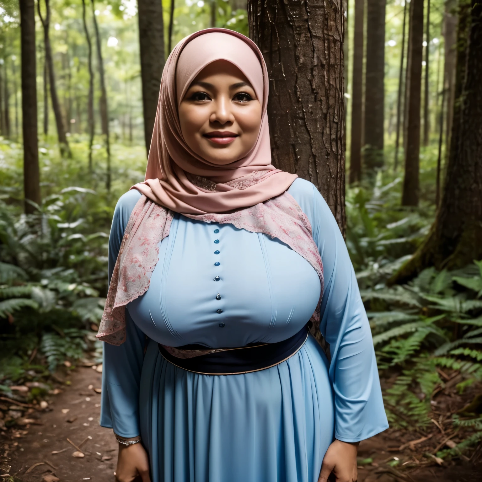 56 years old, Malaysian Hijab mature woman, Gamis, Extra Massive Gigantic natural breast : 198.6, Droopiest Breast, PP Cup breast, Full body, seductive Face, Seductive Smile, at forest