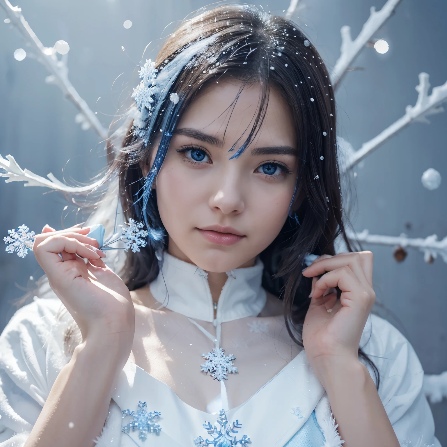 Beautiful anime woman with the powers of ice and snow. Colors are blue and white. Holding a snowflake in her palm.