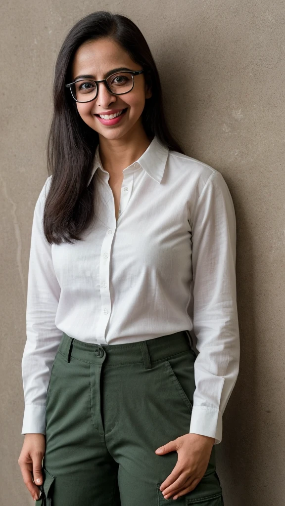 smiling woman with glasses wearing a white shirt and dark green cargo pants standing in front of a wall, this person does not exist, slight nerdy smile, wearing black rimmed glasses, 30 years old, frumpy appearance, slightly chubby, no makeup, rakul preet singh-amita sumba flores-andi dorfman-nadya suleman-ana ortiz merged, entire body visible, full body, hyperrealistic, best quality, 8K, real human skin, masterpiece, extremely intricate, medium closeup, detailed eyes, detailed face, detailed body, exaggerated features, pronounced features