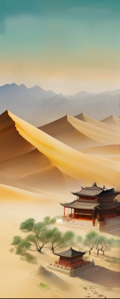 (masterpiece,high quality,Highest quality),Chinese classical culture and art,watercolor smudge,Dunhuang style,Xizhou,desert landscape art,