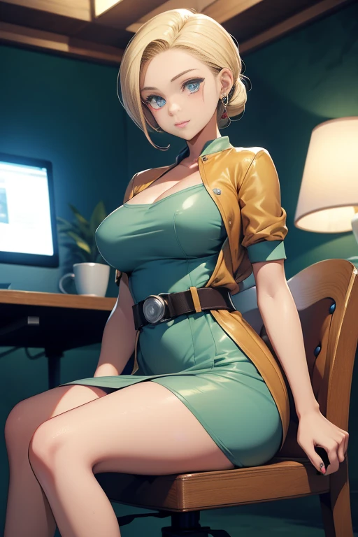 Bianca \(dragon quest\), bianca, dragon quest, (masterpiece, best quality, 4k, photorealistic, cinematic, ultra-detailed), wide shot, full body, perfect anatomy, curvaceous body, perfect eyes, perfect hands, large chest, long round legs, 1 girl, blonde hair, sitting in an office chair, Light blue collared shirt dress,
camel thin belt, taupe pointed-toe heels, twisted updo, statement ring