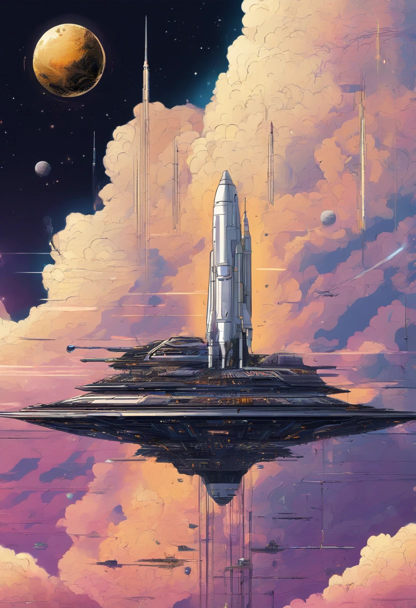 A detailed intricate illustration of spacecraft launch, magic cosmic colors, rice texture, halo astronaut, one black and gold future portal in the sky. Venus. Space. Clouds wet to wet techniques. vibrant vector professional art. using Cinema 4D, Mysterious, Hiroshi Nagai asthetic, ghibli studio art style
