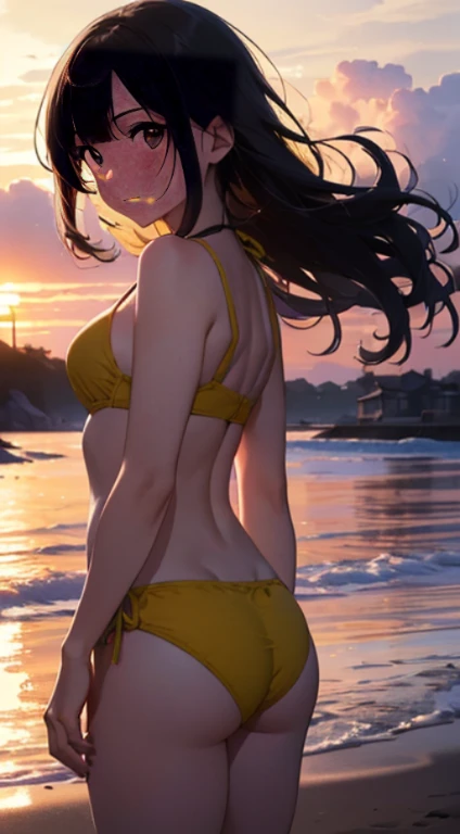 (best quality, highres, ultra-detailed, photorealistic:1.37), vibrant colors, dynamic lighting, sunset sky, boy and girl kissing, beach scene, floating hair, swimwear, Fujifilm XT3, woman with medium bob, silhouette, gentle waves, golden hour, warm hues