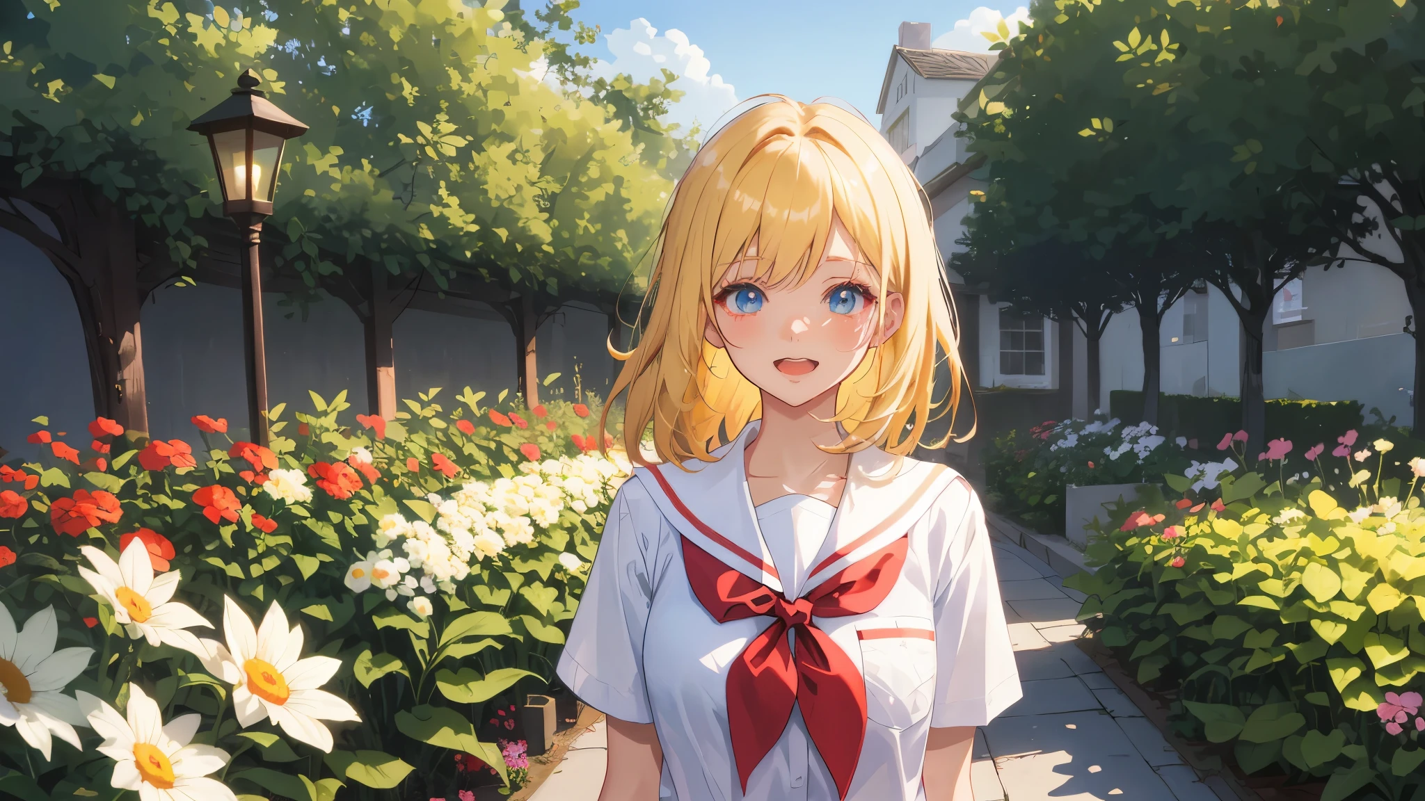 anime girl in a white shirt and red bow standing in a garden, painted in anime painter studio, made with anime painter studio, smooth anime cg art, digital anime illustration, anime style 4 k, beautiful anime portrait, anime style portrait, anime style. 8k, realistic anime 3 d style, anime visual of a cute girl, portrait of an anime girl