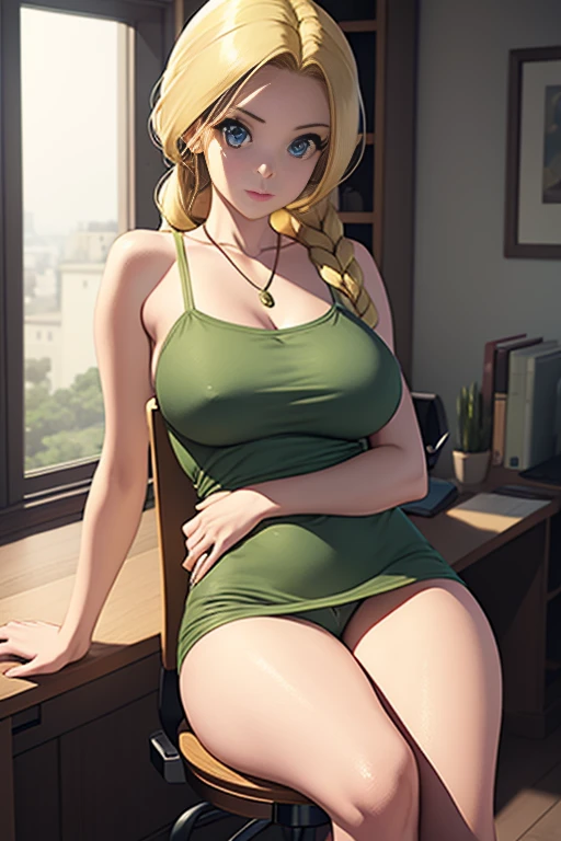 Bianca \(dragon quest\), bianca, dragon quest, (masterpiece, best quality, 4k, photorealistic, cinematic, ultra-detailed), wide shot, full body, perfect anatomy, curvaceous body, perfect eyes, perfect hands, large chest, long round legs, 1 girl, blonde hair, sitting in an office chair, ivory silk camisole top, olive green cropped trousers, tan strappy heels, effortless half-up half-down hairstyle, delicate layered necklace