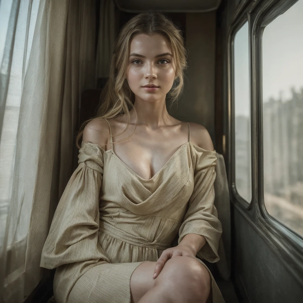 Best quality, Ultra detailed, Golden ratio, Masterpiece:1.2, Theatrical lighting: 0.7, Photo of a woman, woman named Nastya Rostova, dressed in a very elegant and pretty dress, Perfect face, (Highly detailed skin), randomly dyed hair, skin texture, Pale skin, shiny skin, Sharp focus on face, photorealistic, film grain, Put one foot forward, from below looking up, look at camera, Emphasize the shoulders, Focus on face, Smile with corners of mouth raised, summer haze, muted colors, muted warm colors, Photo cinematic portrait of a woman dressed in a striped dress sitting by the window in the early morning, cinematic, on an old train, standing under a spotlight, volumetric dust clouds, key light, backlight, soft natural lighting, photography Film grain ISO 400 30 mm lens RAW f1.8 aperture, highly detailed, analog photography: 1, colors hdr