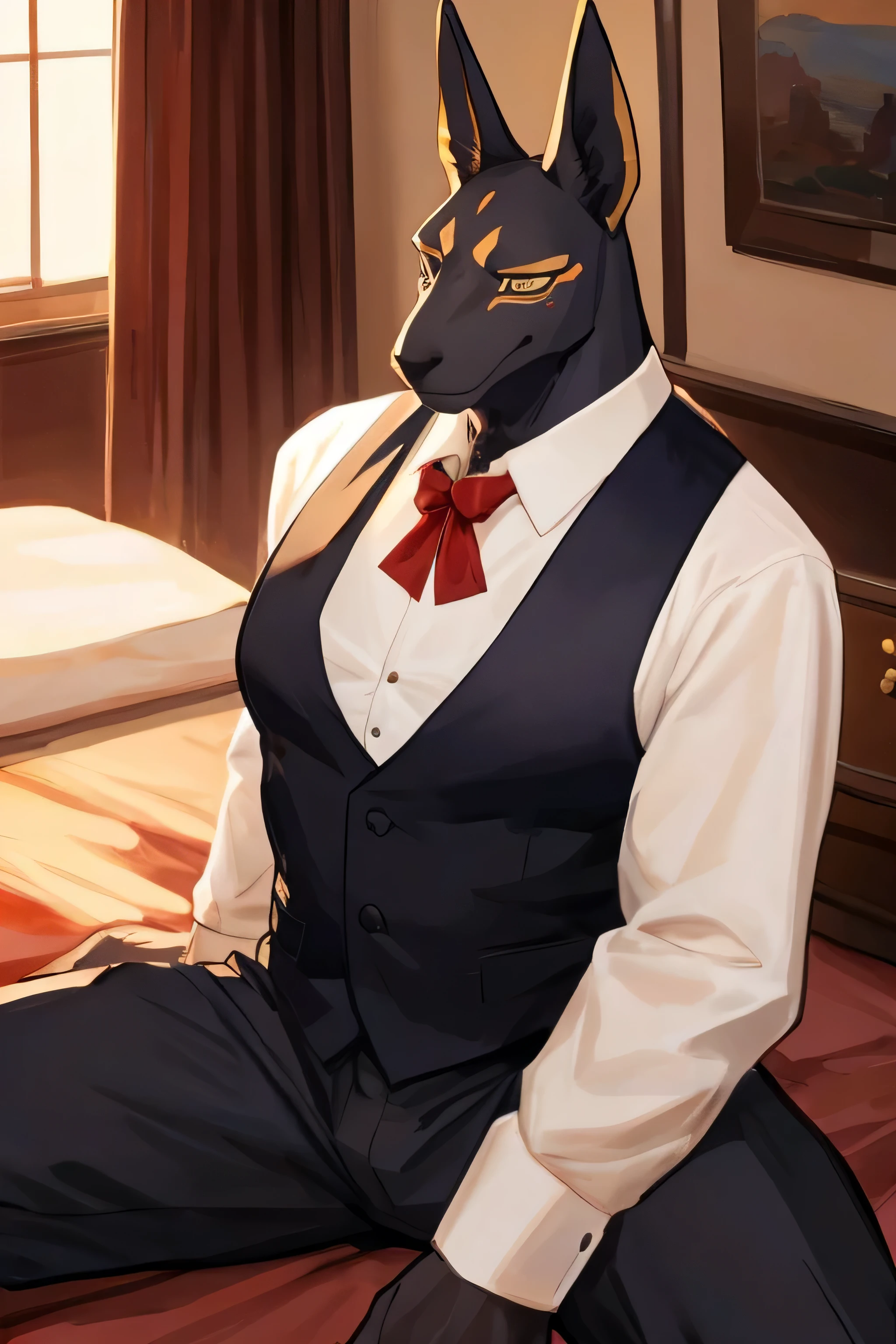 (Best quality: 1.0), (Super High Resolution: 1.0), (masterpiece, best quality:1.2), man, male anthro, solo, anubis, dilf anubis, grandpa anubis, old man, old, grandpa, really old man, (about 70 years old), huge, tall, daddy, legs, tail, looking pleasured, sexually, sexy pose, SFW, (black body:1.1), skinny, huge pecs, look at view, detail hands, butler, butler outfit, shirt, pants, vest, very detail, look at view, first person view, by bebebebebe, lying on bed