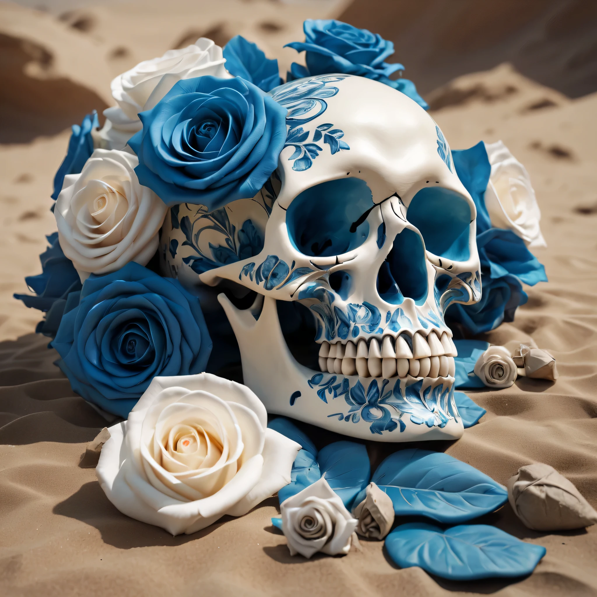 (best quality,8K,high resolution,muste piece:1.2,details:1.5),Super detailed:1.5,Eerily realistic blue skull,White Rose,elaborate corpse,scary theme,desert,horror setup