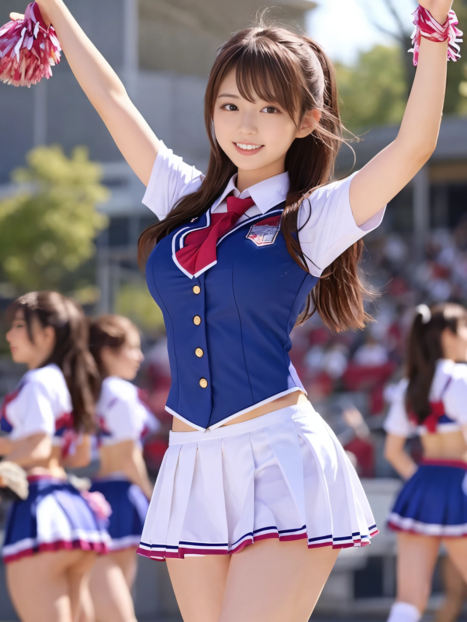 japanese girl、girl in her 20s、perfect body shape、Transparency、big breasts、Cheerleader Uniforms、Gravure idol pose、big breasts、shiny thighs