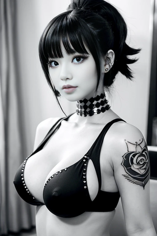 tattoo beauty　black and white　anime style　body piercing　sexy　tits