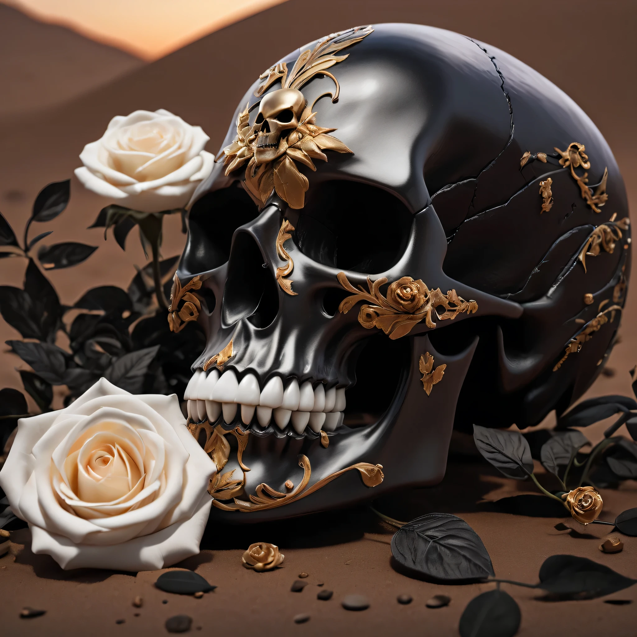 (best quality,8K,high resolution,muste piece:1.2,details:1.5),Super detailed:1.5,Eerily realistic black metallic skull,White Rose,elaborate ??????,scary theme,desert,horror setup