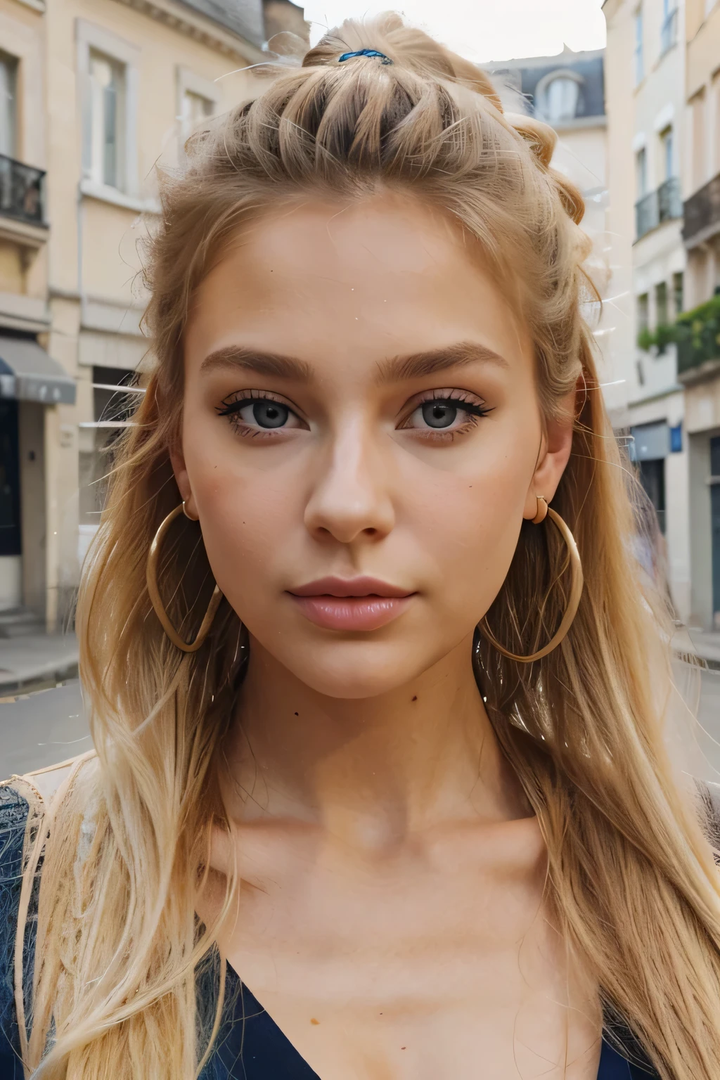 Young woman of 20 years extremely beautiful blue-eyed blonde with long hair with two braids on her head small nose wide beautiful lips beautiful and smile sexy and penetrating look of light skin color. Foto para perfil de instagram la cual tiene que abarcar hasta medio cuerpo con un top de color celeste un busto grande. The background in Paris