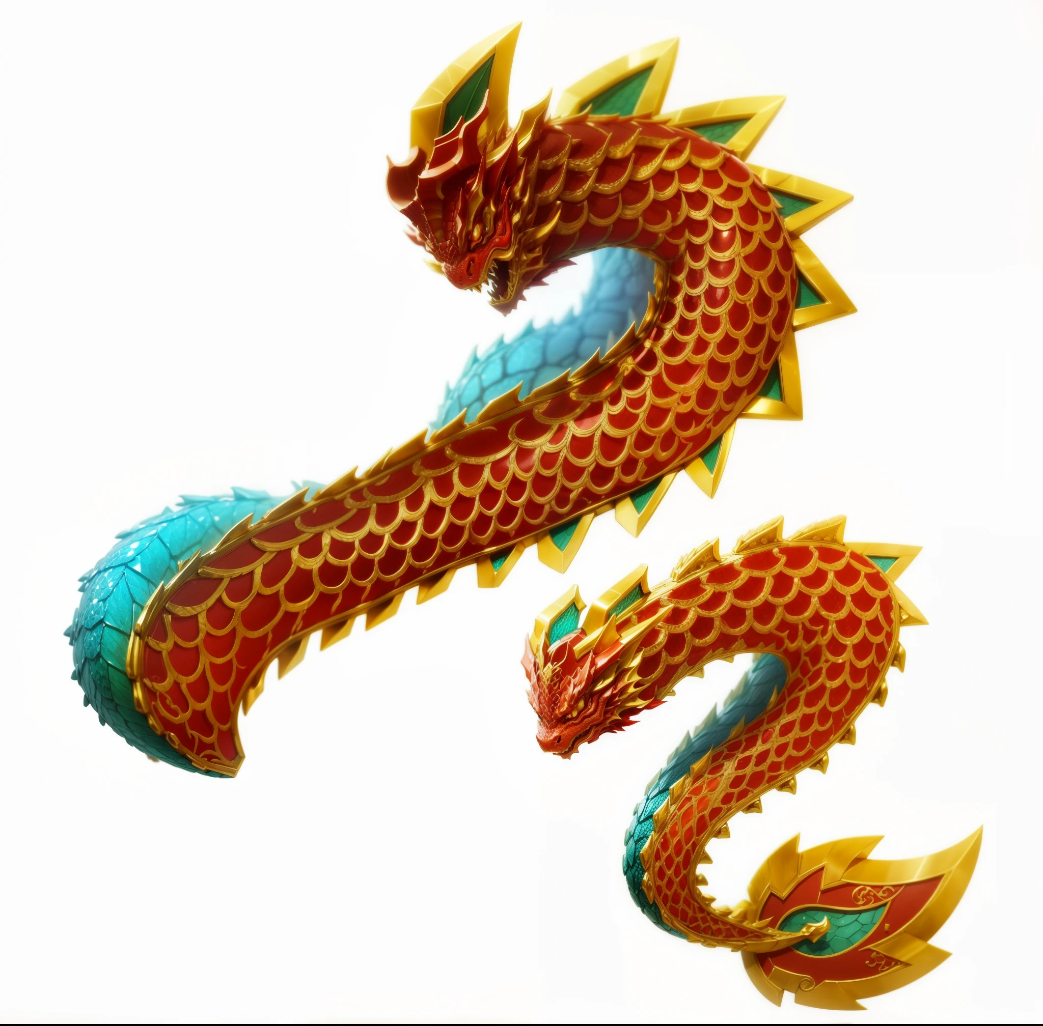 art,Chinese dragon body,cute,Red dragon scales inlaid with golden edges,yelloreen back,,cute,Structured,8K,three-dimensional sense,mellow
