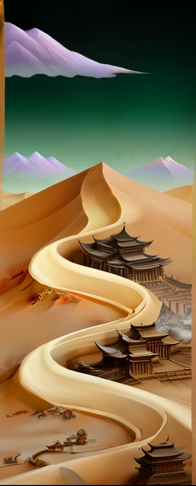 (masterpiece,high quality,Highest quality),Chinese classical culture and art,Ink smudge,Dunhuang style,Xizhou,Desert landscape,Macro