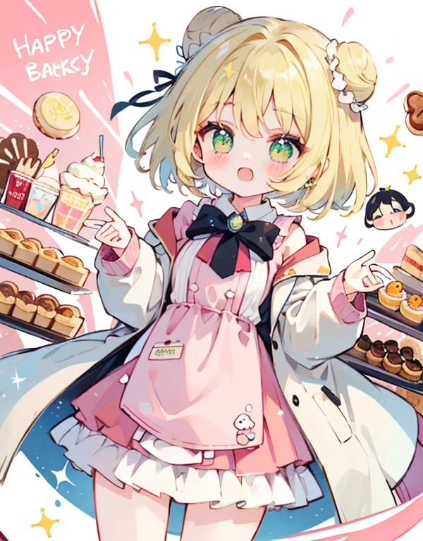azhiichigo style,Big eyes, thick lines, Cute, 1 girl, confectionery, bakery products, thin pink and white skirt, top with coat, green eyes and blond hair, collected in a bun, happy, floating, kawaii, Cute, sparkles, magic bakery