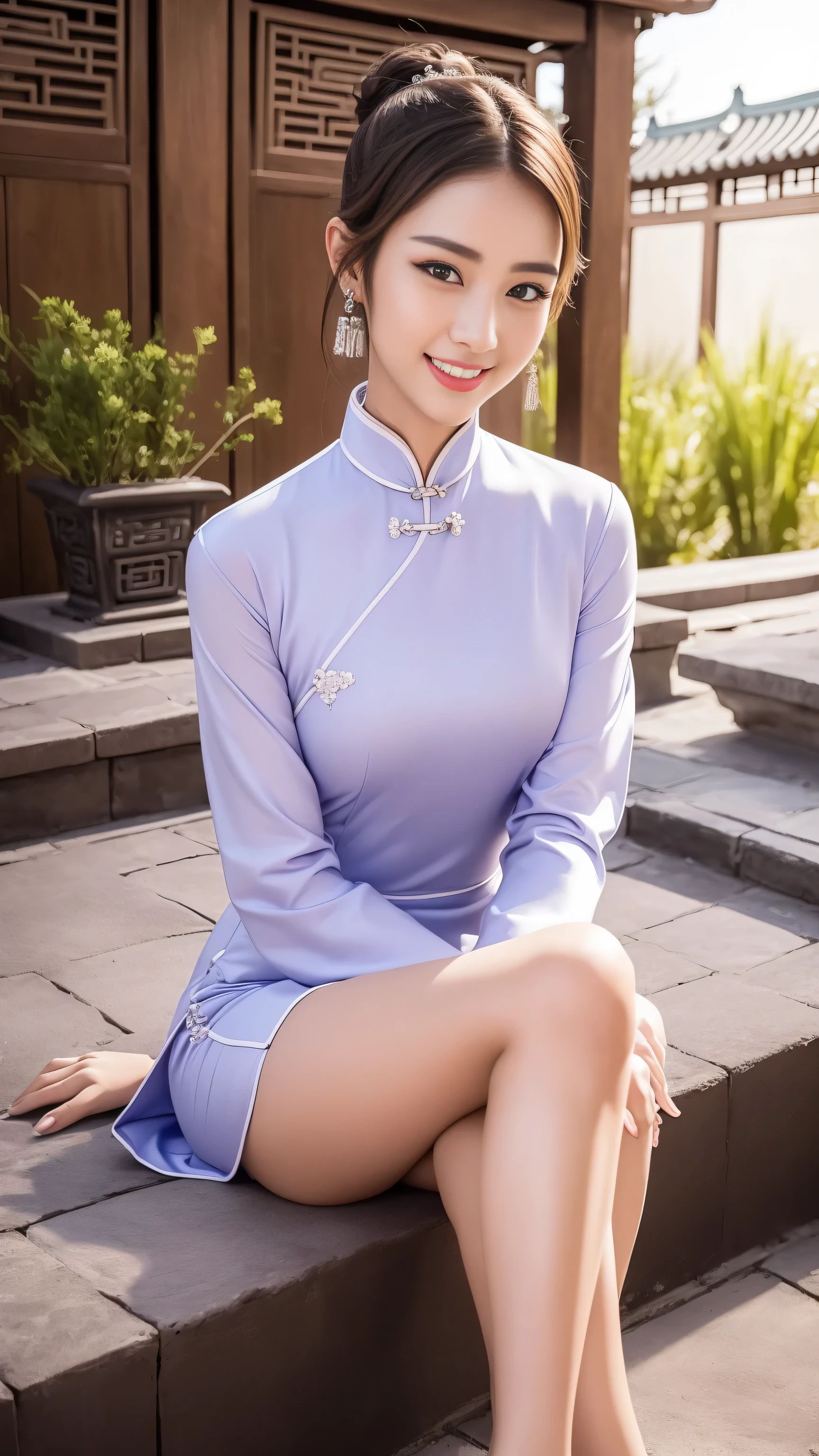 fashion model 18 years old， [[[[close up]]]], [[[[Rapeseed]]]], [[[[Shoulder]]]], perfect eyes, perfect iris，perfect lips，perfect teeth，perfect skin，White skin，high dynamic range，movie girl，(delicate face)，(Highly clear face)，((Lilac Chinese cheongsam)))，(((Ancient Chinese women&#39;s hairstyle)))，((()))，((()))，（(((Ancient Chinese courtyard in the background)))，((legs apart))，(Lush green flowers blooming)，((A smile of excitement and satisfaction on his face))，((charming expression))，((looking at the audience))，4k ultra high definition, ultra high resolution, (realistically: 1.4), best quality，masterpiece，（pastel colors：1.2)
