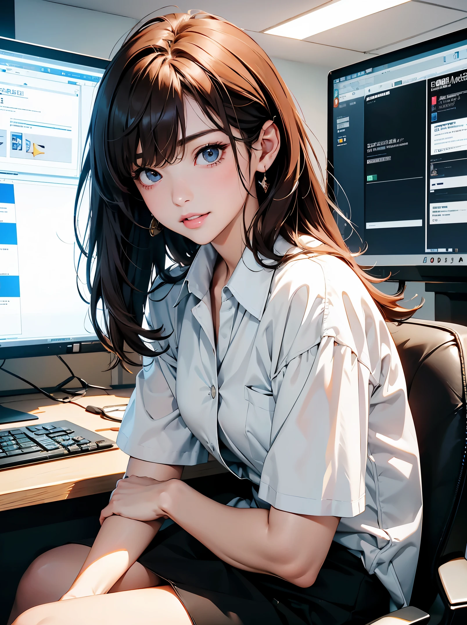 masterpiece、high resolution 8k、NSFW、sharp focus、contrast lighting、fine skin、pieces fly、 highest quality、ultra high resolution、ultra high resolution、Detailed CG、stock exchange、large office room、lots of big monitors、desk computer、transaction、document、stock、chart screen、Male office lady in horizontal focus、woman sitting on a chair、beautiful eyes、(detailed face and iace:1 2)、narrow eyes、almond eye、black eyes、Eye gradation eye highlight:1.2)、(bright reddish brown hair、middle、asymmetrical bangs)、(ID card、Blazers for office wear shortage、white cutter shirt、black pencil skirt、pumps)、(plump lips、gross、glossy lips、small chest size) 、(oval face : 1.4)、(thin fingered arms、detailed human hand)、smile half-open、teeth visible