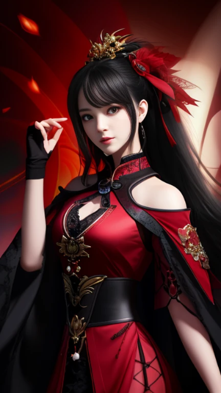 Best Quality, masutepiece, hight resolution, 1girl in, Hanfu, white and even teeth, Red irises, chinese underwear, Hair ornaments, Necklace, Jewelry, crown jewelry. Pretty Face, Upper body, Magic Import Style, Tindall Effect, photographrealistic, Dark Studio, border light, two tone light, (High Detail Skin: 1.2), 8K UHD, Digital SLR , Soft light, High quality, Volumetric Lights, Candid, Photo , High resolution, 4K, 8K, Bokeh, (Light pink lips), 1 beautiful demon from hell, In the Dark: 1.6), Surreal portraits of women by David Hockney and Alphonse Mucha, Fantasy Art, Photorealism, Dynamic lighting, station art, poster for, Volumetric lighting, extra detailed face , Super 8K, Awarded, In the Dark, deepshadow, low illuminance, cowboy lens, (Red Phoenix Shirt: 1.4), Long hair, Black hair, Bust, luxury palace, Royal style family, devil's crown, Red eyes with very sharp and detailed makeup, best faces, Very round and tight breasts, Surreal, chinese women's clothes, turtleneck polo lace top, Charming smile, Beautiful eye makeup, guweiz, devil style, Black lace stockings, ponytail with a bow at the back, dark red lips, Demons tattoo on shoulder, wearing a nightgown thin lace deep slit chest red black, lace cape, overcast and thundering landscape, (Portrait), Protagonist Close-up, (Background detail 1.8),