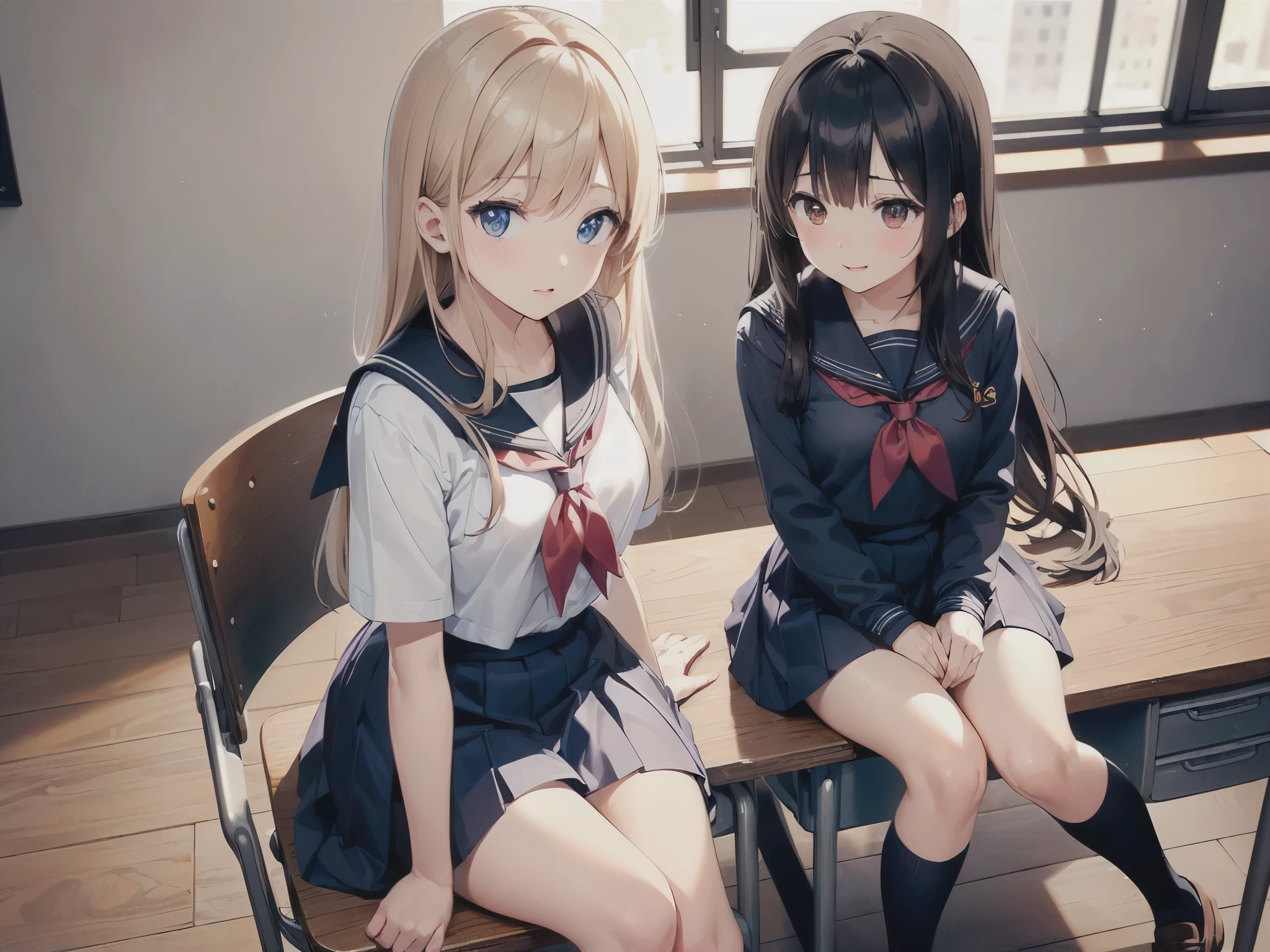 ((Highest quality、High resolution))、(((Two Girls))), Portraiture、beautiful girl、Perfect body、Beautiful and bountiful breasts、classroom、high school girl、Sailor suit、Embarrassing、((Please lift your skirt and show me your panties))、Cute Panties、I'Seduce you