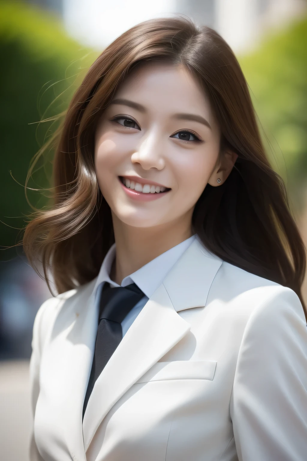 (realistic, photo-realistic:1.37),(8k, RAW photo, best quality, masterpiece:1.2), cute, ultra-detailed,heart-shaped pupils,physically-based rendering, ultra high res, kodakvision color, shot on Arricam LT Camera, bokeh, sharp focus, looking at viewer,photorealistic,realistic, solo, photorealistic, best quality,extremely detailed face,extremely detailed eyes and face, beautiful detailed eyes,absurdres, incredibly absurdres,haunting smile,Messy hair, floating hair, ,white Business suit,bound waist,