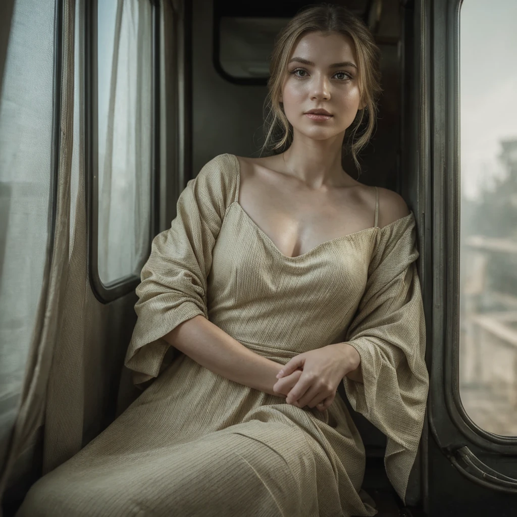 Best quality, Ultra detailed, Golden ratio, Masterpiece:1.2, Theatrical lighting: 0.7, Photo of a woman, woman named Nastya Rostova, dressed in a very elegant and pretty dress, Perfect face, (Highly detailed skin), randomly dyed hair, skin texture, Pale skin, shiny skin, Sharp focus on face, photorealistic, film grain, Put one foot forward, from below looking up, look at camera, Emphasize the shoulders, Focus on face, Smile with corners of mouth raised, summer haze, muted colors, muted warm colors, Photo cinematic portrait of a woman dressed in a striped dress sitting by the window in the early morning, cinematic, on an old train, standing under a spotlight, volumetric dust clouds, key light, backlight, soft natural lighting, photography Film grain ISO 400 30 mm lens RAW f1.8 aperture, highly detailed, analog photography: 1, colors hdr