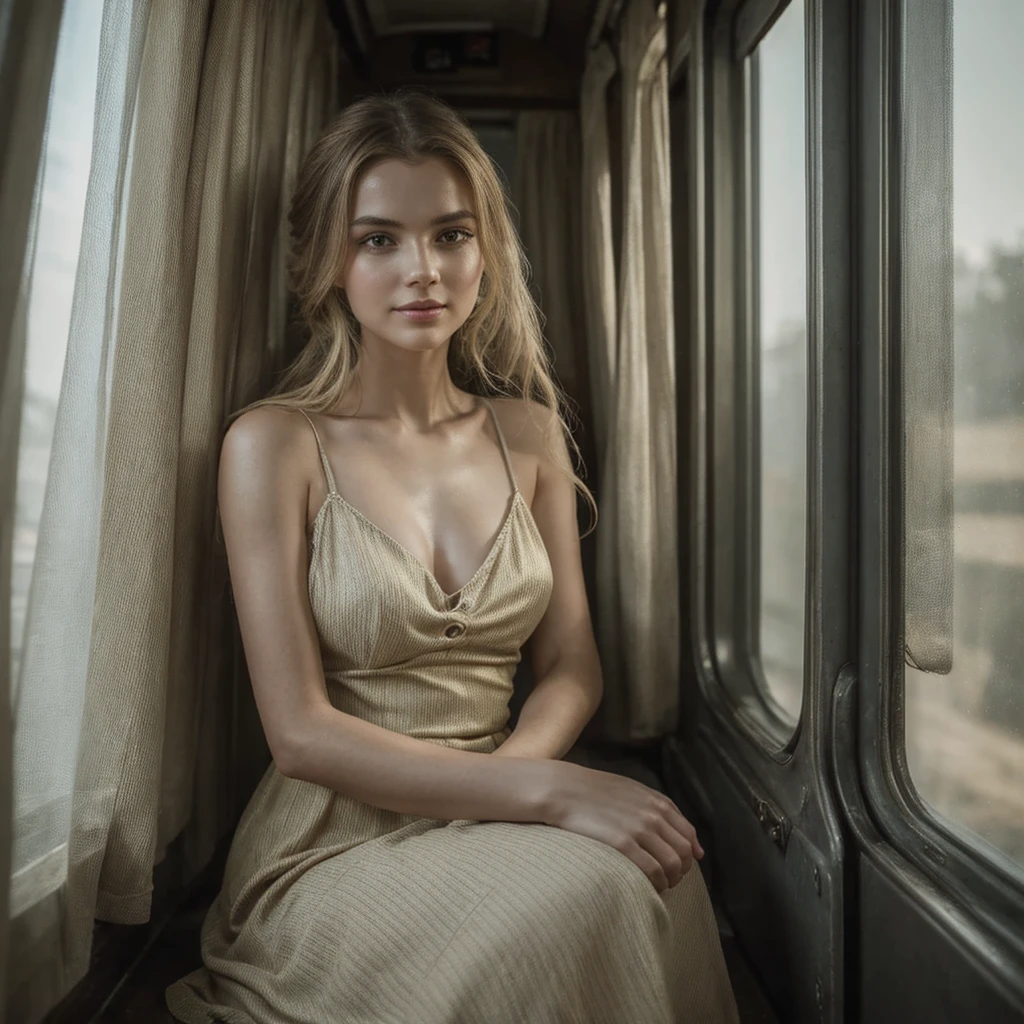 Best quality, Ultra detailed, Golden ratio, Masterpiece:1.2, Theatrical lighting: 0.7, Photo of a woman, woman named Nastya Rostova, dressed in a very elegant and pretty dress, Perfect face, (Highly detailed skin), randomly dyed hair, skin texture, Pale skin, shiny skin, Sharp focus on face, photorealistic, film grain, Put one foot forward, from below looking up, look at camera, Emphasize the shoulders, Focus on face, Smile with corners of mouth raised, summer haze, muted colors, muted warm colors, Photo cinematic portrait of a woman dressed in a striped dress sitting by the window in the early morning, cinematic, on an old train, standing under a spotlight, volumetric dust clouds, key light, backlight, soft natural lighting, photography Film grain ISO 400 30 mm lens RAW f1.8 aperture, highly detailed, analog photography: 1, colors hdr