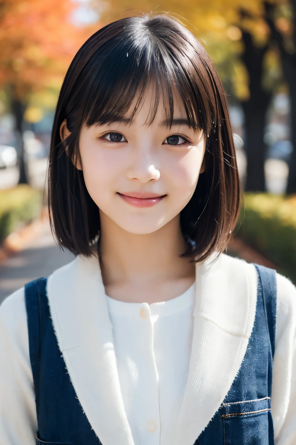 1 girl, (Wear casual fall attire:1.2), (13 years old:1.5), young face, cute face, 
(RAW photo, highest quality), (realistic, photoreal:1.4), muste piece, sharp focus, 
very delicate and beautiful, very detailed, 2k wallpaper, wonderful, finely, 
very detailed CG Unity 8K 壁紙, super detailed, High resolution, soft light, 
beautiful detailed girl, very detailed目と顔, beautifully detailed nose, beautiful and fine eyes, 
break
Autumn Street Corner, cinematic lighting, 
perfect anatomy, slender body, straight short hair, parted bangs, innocent smile, looking at the viewer