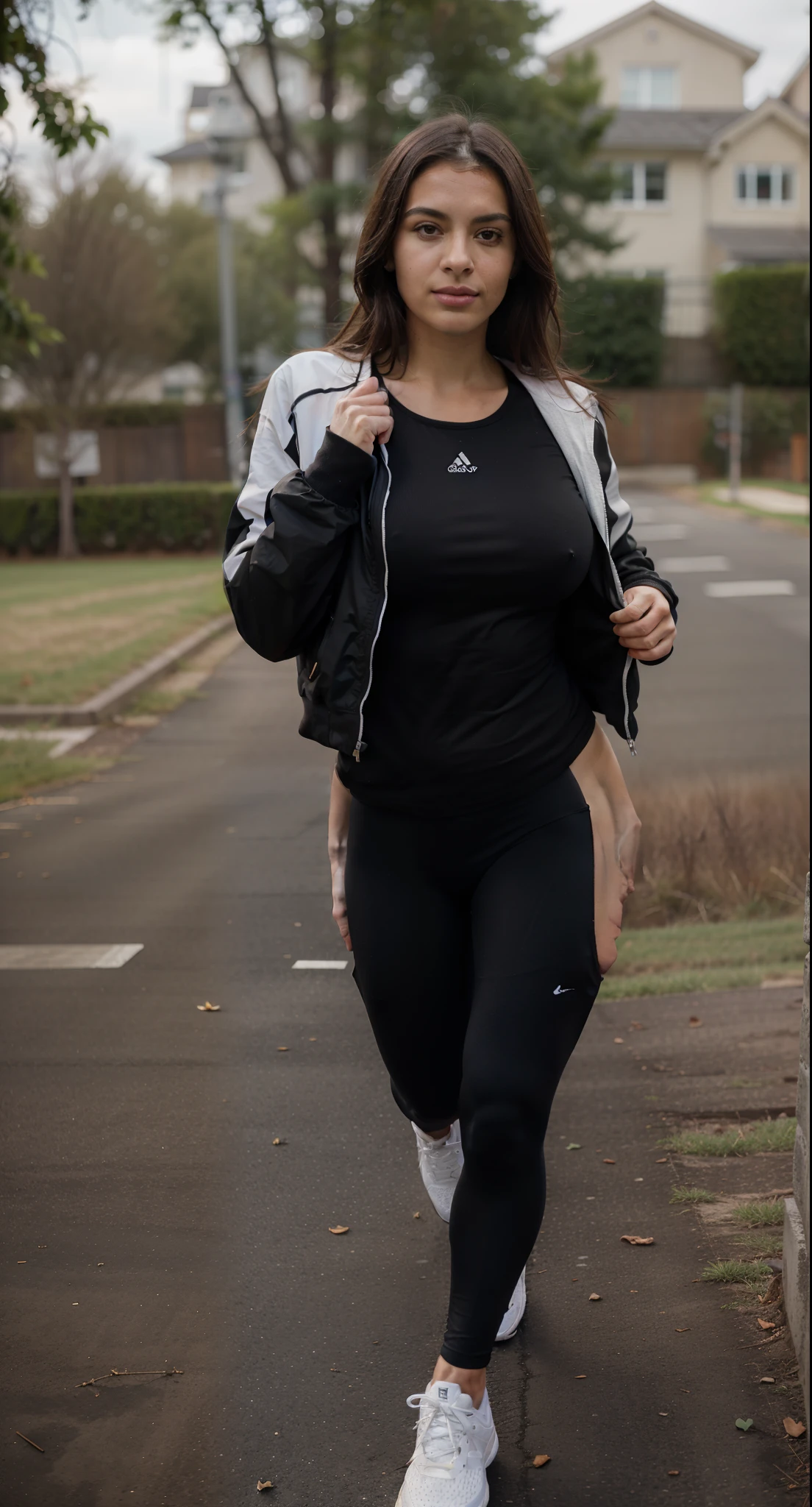 one beautiful woman, oval face, senseful lips, big brown eyes, 30 years old, slim sporty body, middle size breast, running outside, making a stride, full body, front view, wearing tight black sport suite, black sport running tights, track jacket, clothes are whole and consitant, no text, sunny morning, backgorund blurred, sefie shot, cinematic lighting, motion blur, film grain, very detailed, 30 years, natural wave hair, dark brown eyes, high-res, masterpiece, best quality, intricate details, highly detailed, sharp focus, detailed skin, realistic skin texture, texture, detailed eyes, professional, 4k, 85mm, shallow depth of field, kodak color vision, perfect fit body, extremely detailed, photo_\(ultra\), photorealistic, realistic, post-processing, maximum detail, roughness, real life, ultra realistic, photorealism, photography, 8k uhd, photography (grain of film) medium shot for closeup shot, longer slimer face, perfect face, (((middle size breast)))