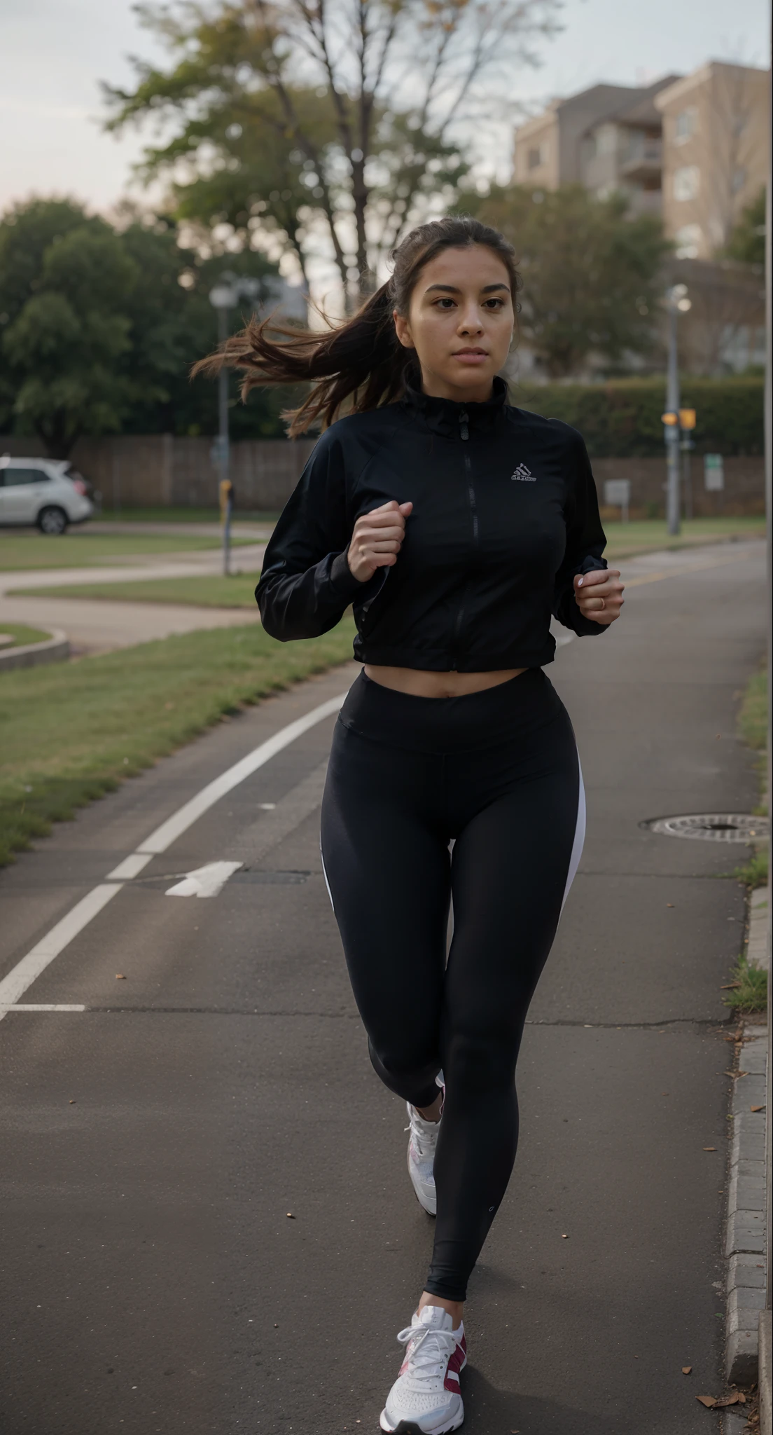 one beautiful woman, oval face, senseful lips, big brown eyes, 30 years old, slim sporty body, middle size breast, running outside, making a stride, full body, front view, wearing tight black sport suite, black sport running tights, track jacket, ponytail hair, clothes are whole and consitant, no text, sunny morning, backgorund blurred, sefie shot, cinematic lighting, motion blur, film grain, very detailed, 30 years, natural wave hair, dark brown eyes, high-res, masterpiece, best quality, intricate details, highly detailed, sharp focus, detailed skin, realistic skin texture, texture, detailed eyes, professional, 4k, 85mm, shallow depth of field, kodak color vision, perfect fit body, extremely detailed, photo_\(ultra\), photorealistic, realistic, post-processing, maximum detail, roughness, real life, ultra realistic, photorealism, photography, 8k uhd, photography (grain of film) medium shot for closeup shot, longer slimer face, perfect face, (((middle size breast))), beautiful face, detailed face, natural skin